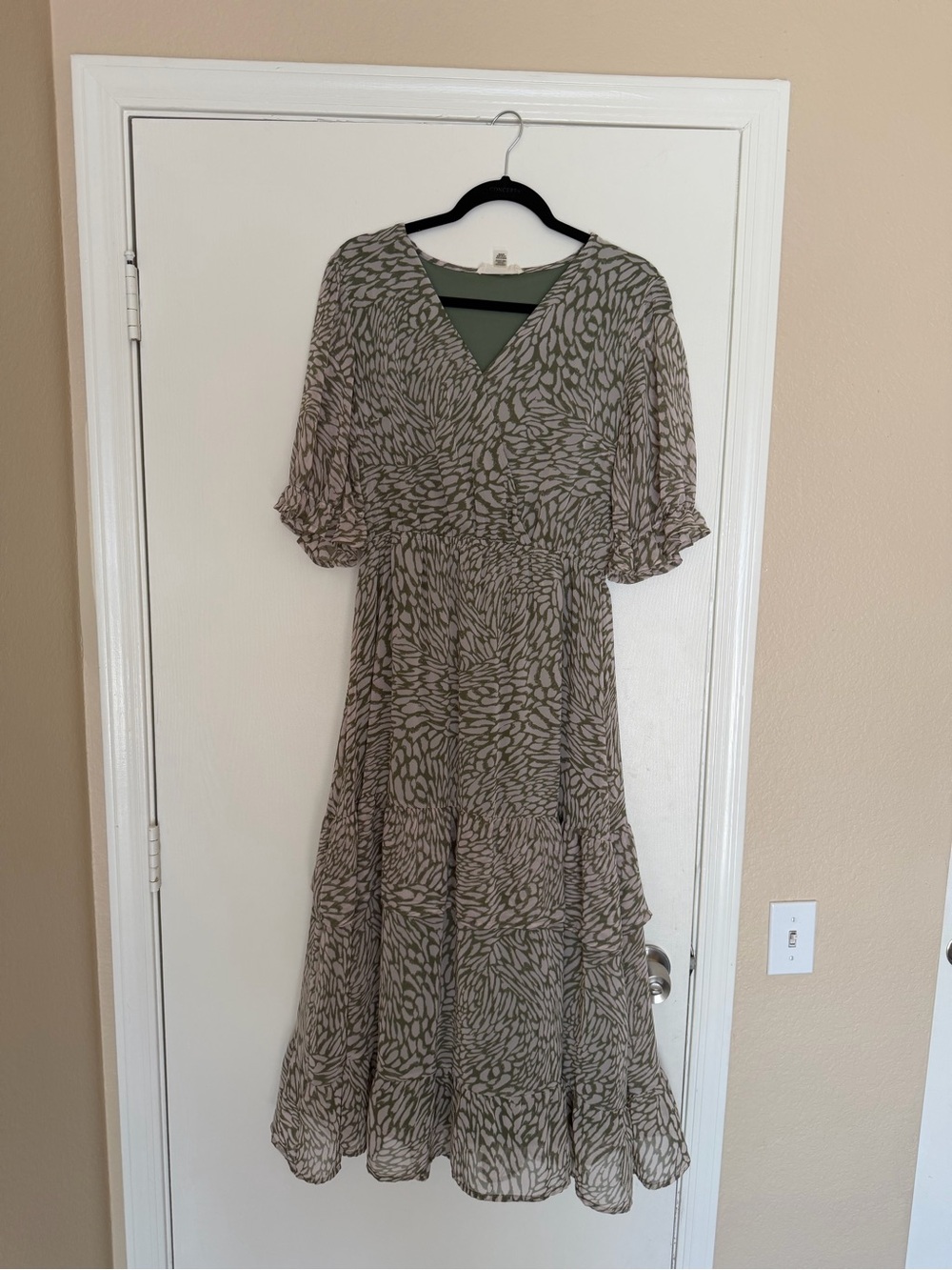 Flowy Olive Green Printed Wrap-Style Women's Dress